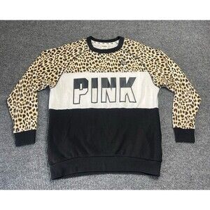 PINK Victorias Secret Leopard/Cheetah Crew Neck Small Sweater Shirt Pockets RARE